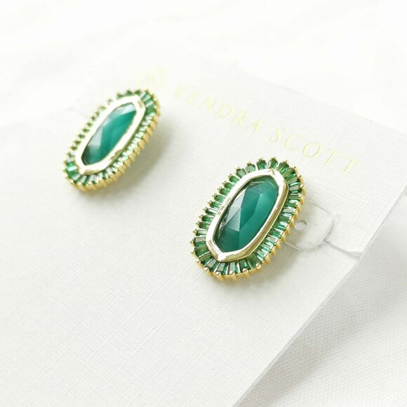 Kendra Scott Baguette Ellie Green Mix Gold Stud Earrings - Picture 3 of 3